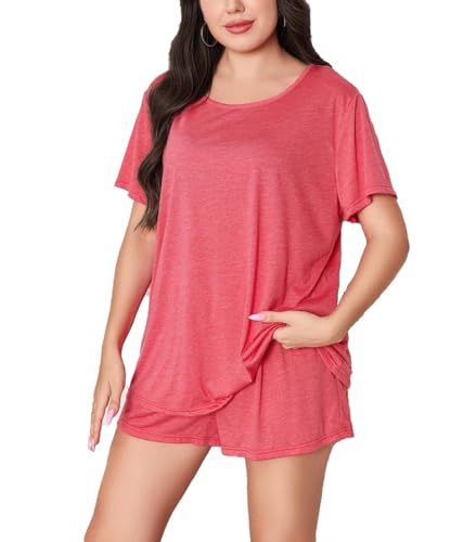 Damen Plus Size Pyjama Set Schlafanzug Kurz Nachtwäsche Kurzarm Sommer Top und Short Zweiteilig Sleepwear Schlafanzug in Übergröße XL-5XL (2#,4XL) von RUGAN
