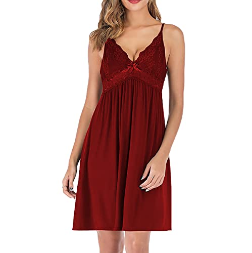 RUGAN Nachthemd Damen Sexy Spitze Nachtwäsche Damen mit V-Ausschnitt Unterkleid modale Baumwolle Nachtkleid Damen Sexy Spaghettiträger Negligee (rot,XXL) von RUGAN