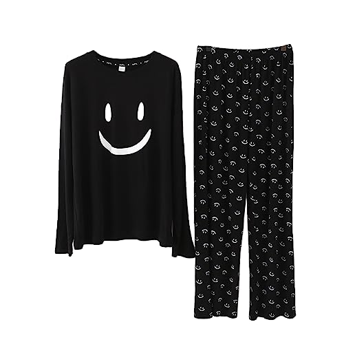 schlafanzüge für Damen Damen Pyjama Sets Lang Nachtwäsche Damen modale Baumwolle Pjs Set Lang Pyjama Damen Schlafanzug Frauen Kuschelig (Schwarz,XL) von RUGAN