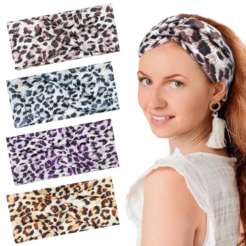 4 Stück Stirnband, Stirnbänder mit Leopardenmuster, breite Bandanas, Haarband für Frauen und Mädchen, geknotete Stirnbänder für erwachsene Frauen, geeignet für Yoga, Radfahren, Pilates, Laufen 4 Stück Stirnband, Stirnbänder mit Leopardenmuster, breite Bandanas, Haarband für Frauen und Mädchen, geknotete Stirnbänder für erwachsene Frauen, geeignet für Yoga, Radfahren, Pilates, Laufen von RUGBOL