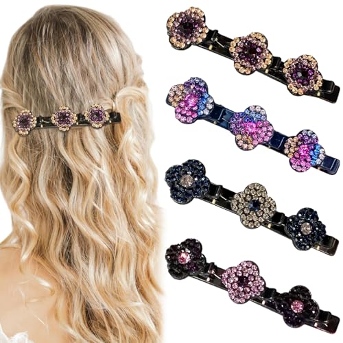 4 Stück geflochtene Haarspangen, funkelnde Haarspangen aus Kristallsteinen, glänzende Haarspangen mit Strasssteinen, Haarschmuck für Frauen, Mädchen und Damen (Gras) von RUGBOL