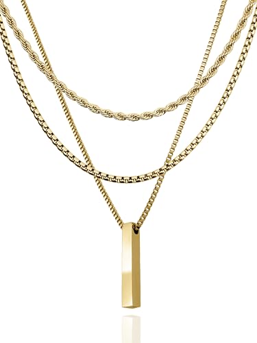 RUGGED steel Damen Edelstahl Statement Ketten Set 3 Halsketten + Stab Anhänger Layering Look (inkl. Schmuck-Box) (Gold) von RUGGED steel