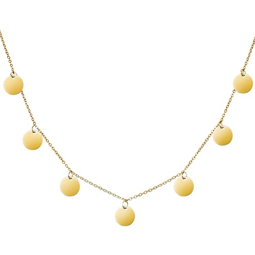 RUGGED steel - Damen Edelstahl Coin-Kette 45 + 5 cm - 7 runde hochglanzpolierte Plättchen Anhänger - wasserfest, farbbeständig, dauerhafter Glanz (inkl. Schmuck-Box) - Gold von RUGGED steel
