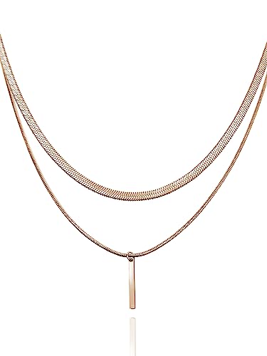 RUGGED steel Damen Edelstahl Layering Schlangenkette 2-reihige Halskette 40/45 cm + Stab-Anhänger minimalistischer Geo Mini-Charm (inkl. Schmuck-Box) (Rose-Gold) von RUGGED steel
