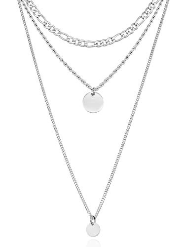 RUGGED steel - Damen Ketten Set aus Edelstahl mit runden Plättchen Anhängern für Layer Looks - 3 Halsketten -> 7 Styles - inkl. Schmuck-Box (40+8/45+8/60 cm, Silber) von RUGGED steel