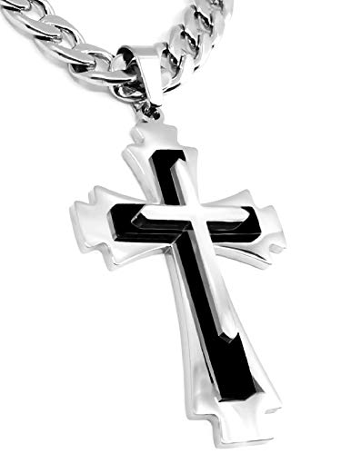 RUGGED steel Herren Edelstahl Kette mit Kreuz-Anhänger (Silber/Schwarz, 55) von RUGGED steel