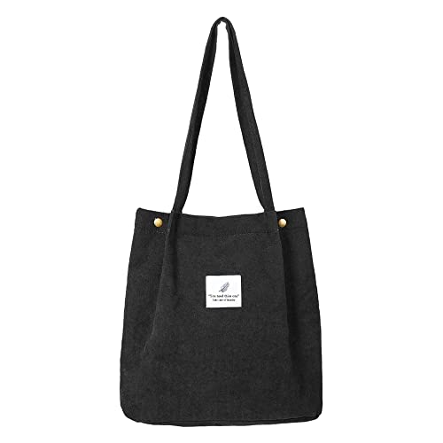 Ultraleicht Cord Umhängetasche Damen Groß Canvas cordtaschen Cord tasche Damen Tote Bag Mode Handtasche Shopper Beutel Lässige Stofftasche für Arbeit,Büro,Reisen,Einkaufen,Schule(Schwarz,30×34cm) von RUGUOA