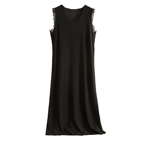 RUHANE Ärmellose Nachthemden für Damen, weiches Modal mit Fadenweste Kleid V-Ausschnitt Pyjama-Tops Spitze langes Nachthemd,Schwarz,L von RUHANE