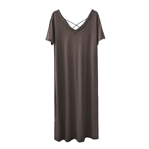 RUHANE Damen-Nachthemden mit kurzen Ärmeln, Pyjama-Tops aus weichem Modal mit V-Ausschnitt Zurück Cross Hollow Langes Nachthemd,Kaffee,XL von RUHANE