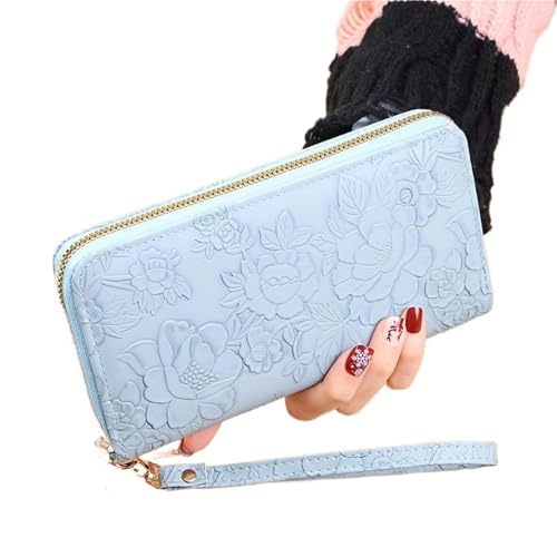 RUHTEUO Langes Portemonnaie mit Blumenprägung, Kreditkartenhalter aus PU-Leder, Schlichtes trendiges Portemonnaie for Damen mit Münzfach und Handbemalung(Blue) von RUHTEUO