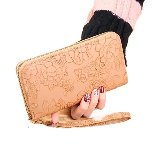 RUHTEUO Langes Portemonnaie mit Blumenprägung, Kreditkartenhalter aus PU-Leder, Schlichtes trendiges Portemonnaie for Damen mit Münzfach und Handbemalung(Brown) von RUHTEUO