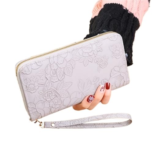 RUHTEUO Langes Portemonnaie mit Blumenprägung, Kreditkartenhalter aus PU-Leder, Schlichtes trendiges Portemonnaie for Damen mit Münzfach und Handbemalung(Gray) von RUHTEUO