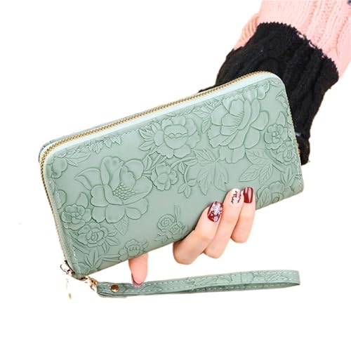RUHTEUO Langes Portemonnaie mit Blumenprägung, Kreditkartenhalter aus PU-Leder, Schlichtes trendiges Portemonnaie for Damen mit Münzfach und Handbemalung(Green) von RUHTEUO
