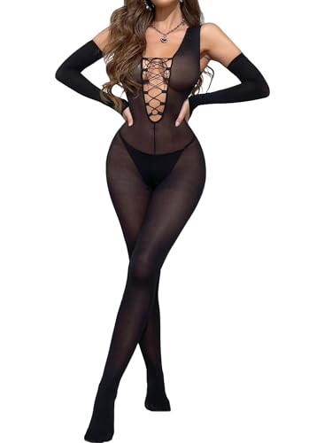 RUIBAVYA Bodystocking Damen Ärmellos Mattes Full-body Bodysuit Gekreuzte Brustgurte Deep V Catsuit Inklusive Fünf-Finger-Handschuhe von RUIBAVYA