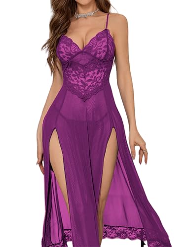 RUIBAVYA Bodystocking Nachthemd Damen Sexy Dessous Reizwäsche Set Spitze Lingerie Longe Nachtwäsche Seitlich Geschlitztes Negligee von RUIBAVYA