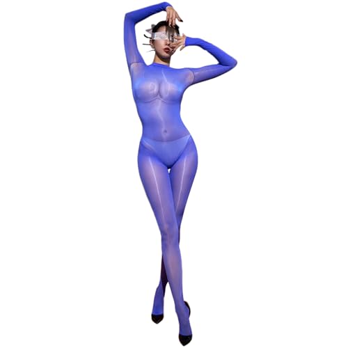 RUIBAVYA Bodystocking Nylon Damen Catsuit Lange Ärmel Ganzkörper Strumpfhosen Rundhalsausschnitt Jumpsuit Frauen Bodysuit-Blau von RUIBAVYA