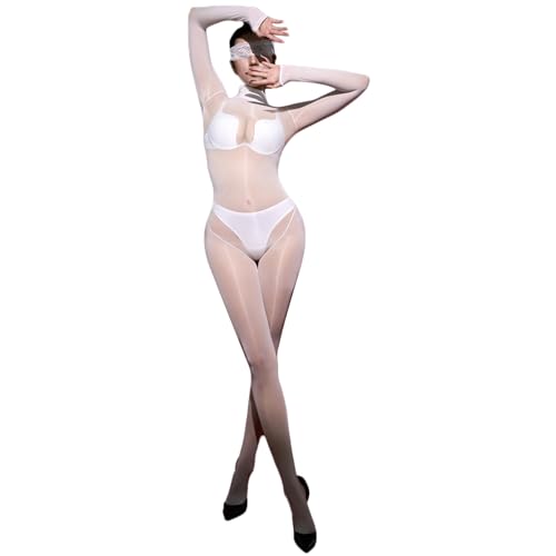 RUIBAVYA Bodystocking Nylon Damen Catsuit Lange Ärmel Ganzkörper Strumpfhosen Rundhalsausschnitt Jumpsuit Frauen Bodysuit-Weiß von RUIBAVYA