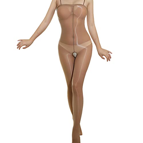 RUIBAVYA Damen Bodystocking öL GläNzend Bodystocking Schrittlos Bodysuit Einstellbar Nylon Catsuit Frauen Overall Strumpfhose 8D Coffee von RUIBAVYA