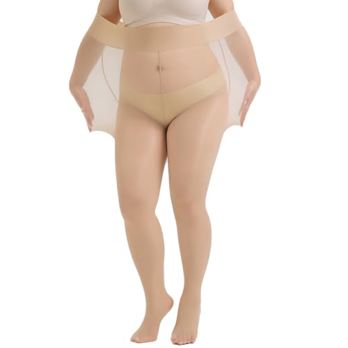 RUIBAVYA Strumpfhosen Damen Grosse Grössen 6DEN Glänzende Feinstrumpfhose übergröße Strumpfhosen mit hoher Taille-Beige von RUIBAVYA