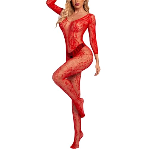 RUIBAVYA Damen Netz Bodystocking Fishnet Bodysuit Langärmeliger Mesh Body Stocking Catsuit Sexy Reizwäsche Sexy Outfit von RUIBAVYA