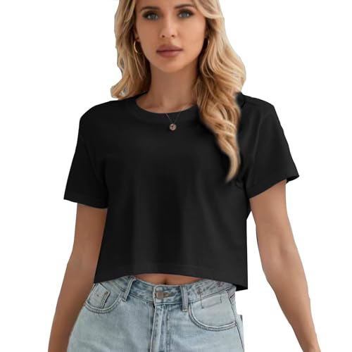 RUIBETYHUA Damen Kurzarm Cropped T-Shirts Schulter Drop Rundhals Crop Tops Casual Sommer Shirts Einfarbige Basic Tees Schwarz S von RUIBETYHUA