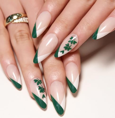 St Patricks Day Künstliche Nägel mit Kleber, grüne Nägel zum Aufdrücken, Mandel, weiß, französische kurze Nägel, Acrylkleber auf Nägeln, langlebig, grüne Nägel zum Aufkleben für Frauen, 24 Stück St Patricks Day Künstliche Nägel mit Kleber, grüne Nägel zum Aufdrücken, Mandel, weiß, französische kurze Nägel, Acrylkleber auf Nägeln, langlebig, grüne Nägel zum Aufkleben für Frauen, 24 Stück von RUICHING