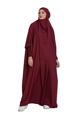 Frauen Kleid muslimisches Gebet Abaya islamische Robe Maxi afrikanischer Kaftan Türkei Islam Dubai Türkei Kleid in voller Länge mit Hijab Weinrot Einheitsgröße von RUIG