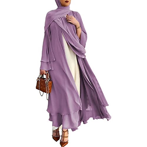 RUIG Frauen Muslimisches Gebet Chiffon Offenes Kleid Abaya Dubai Türkei Islam Kaftan islamischer Ramadan Eid Mubarak Robe, Lila mit Hijab, XL von RUIG