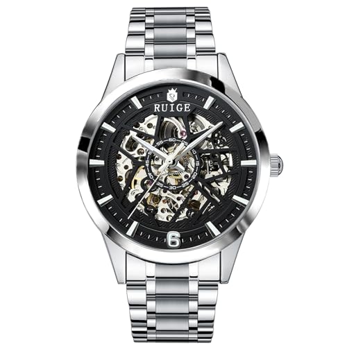 RUIGE Ausgehöhlte Herren Vollautomatische Mechanische Uhr Edelstahl Herren Mode Wasserdicht Vielseitig Trendy Uhr 5208A, Schwarz von RUIGE