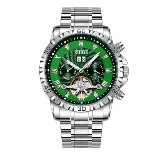 RUIGE Großes Zifferblatt hohl Herren vollautomatische mechanische Uhr Edelstahl personalisiert Herren Nachtlicht wasserdicht Mode Trend Uhr A3, Grün von RUIGE