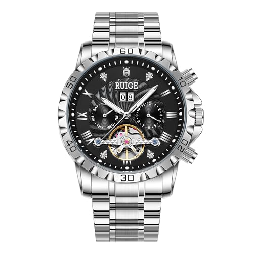 RUIGE Großes Zifferblatt hohl Herren vollautomatische mechanische Uhr Edelstahl personalisiert Herren Nachtlicht wasserdicht Mode Trend Uhr A3, Schwarz von RUIGE