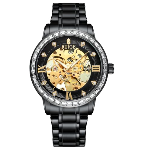 RUIGE Herren Hollow Out Vollautomatische Mechanische Uhr Edelstahl Herren Wasserdicht Mode Trend Uhr A2-2, Schwarz von RUIGE
