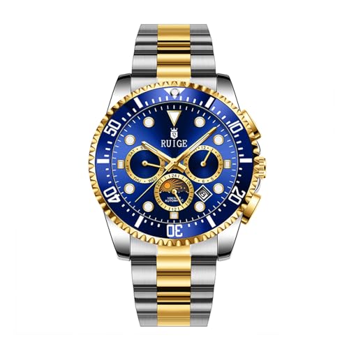 RUIGE Hochwertige Multifunktions Herren Vollautomatische Mechanische Uhr Edelstahl Drei Augen Sechs Nadel Herren Nachtlicht Wasserdicht Mode Trend Business Uhr A10, Blau von RUIGE