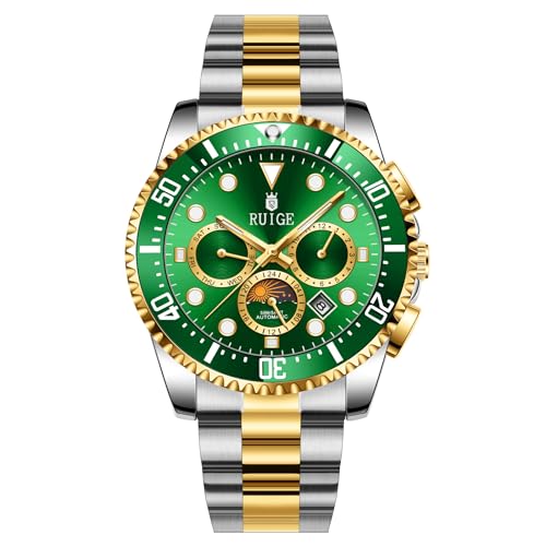 RUIGE Hochwertige Multifunktions Herren Vollautomatische Mechanische Uhr Edelstahl Drei Augen Sechs Nadel Herren Nachtlicht Wasserdicht Mode Trend Business Uhr A10, Grün von RUIGE