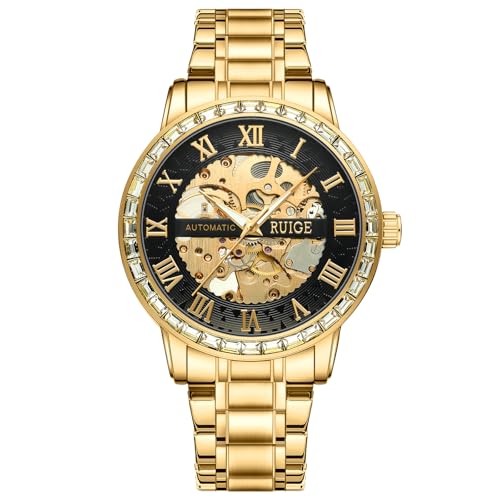 RUIGE Luxus Hollow Herren Vollautomatische Mechanische Uhr Edelstahl Wasserdicht Fashion Trend Flow Uhr A2-3, Gold von RUIGE