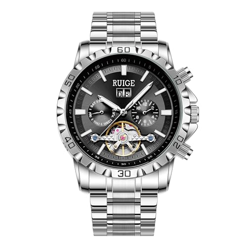 RUIGE Mode Personalisierte Leer Herren Vollautomatische mechanische Uhr Edelstahl Kalender Herren Nachttischlampe Wasserdicht Modeuhr A3-2, sc schwarz von RUIGE