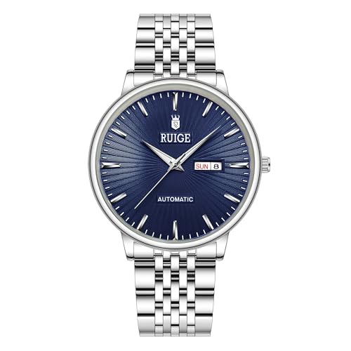 RUIGE Neue Edelstahl Herren Vollautomatik Uhr Wochenkalender Männer Mechanisches Uhrwerk Wasserdicht Mode Trend Uhr A6, Blau von RUIGE