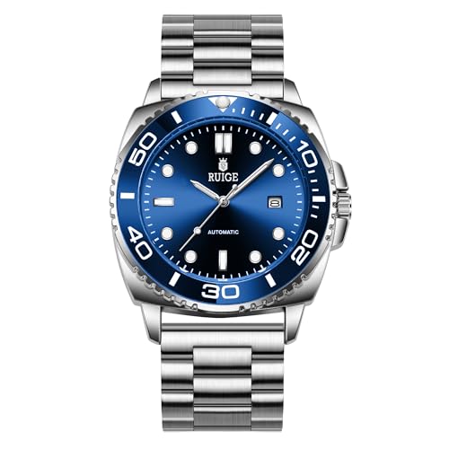 RUIGE Neue Herren Vollautomatische mechanische Uhr Edelstahl Kalender Herren drehbare Lünette Mode Trend Nachtlicht wasserdichte Uhr A8-2, Blau von RUIGE