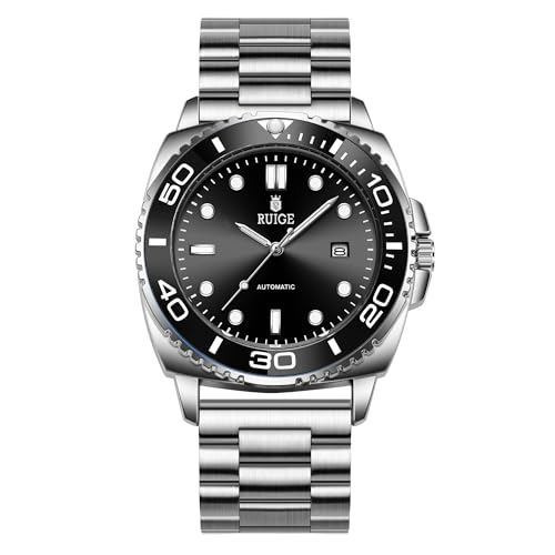 RUIGE Neue Herren Vollautomatische mechanische Uhr Edelstahl Kalender Herren drehbare Lünette Mode Trend Nachtlicht wasserdichte Uhr A8-2, Schwarz von RUIGE