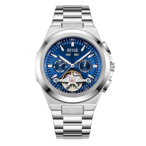 RUIGE New Hollowed Out Herren Vollautomatische Mechanische Uhr Edelstahl Multifunktions Mode Männer Nachtlicht Wasserdicht Trend Uhr A9-3, Blau von RUIGE
