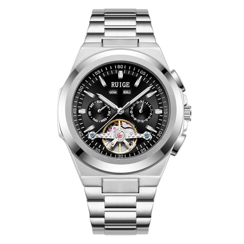 RUIGE New Hollowed Out Herren Vollautomatische Mechanische Uhr Edelstahl Multifunktions Mode Männer Nachtlicht Wasserdicht Trend Uhr A9-3, Schwarz von RUIGE