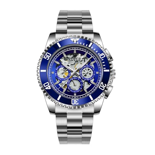 RUIGE New Hollowed Out Herren Vollautomatische Uhr mit mechanischem Uhrwerk, drei Augen sechs Nadeln Herren Leuchtend Wasserdicht Mode Trend Uhr A10-5, Blau von RUIGE