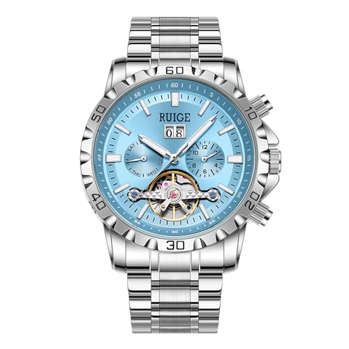 RUIGE Personalisierte Leer mechanische Herrenuhr Vollautomatische Edelstahl Kalender Nachtlicht Wasserdicht Moderne Uhr A3-2, quiet shade-clematis blue, Armband von RUIGE
