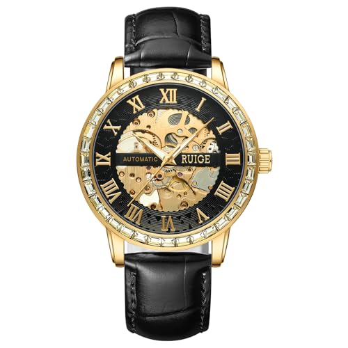RUIGE Trend Flow Fashion Luxus Edelstahl Vollautomatische hohle mechanische Uhr Herren A2-3, Goldfarben, Armband von RUIGE