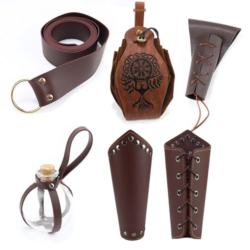 RUIITEN 5PCS Mittelalter Gürtel Renaissance Zubehör, Wikinger Leder Gürteltasche Arm Guard Dolch Abdeckung Gürtel Kork Trank Flasche für Halloween Ritter Pirat Wikinger Krieger Kostüm Cosplay Braun von RUIITEN