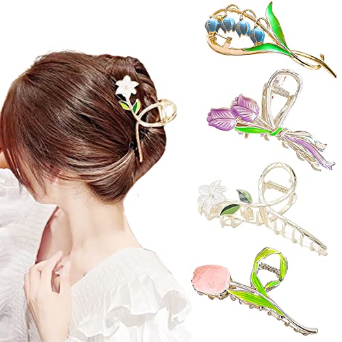 RUIJIE 4 Stück Blumen Metall Haarspangen Damen Große Haarklammer rutschfeste Clips Haarklammern für Frauen Mädchen Dickes Dünnes Langes Lockiges Haar Haarstyling Zubehör (Blumen) von RUIJIE