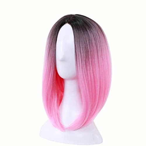 10inch Synthetic Hair Two Tone Ombre Short Bob Straight Wig Cosplay Wigs For Women Heat Resistant Fiber OneSize Pink von RUIRUICOS