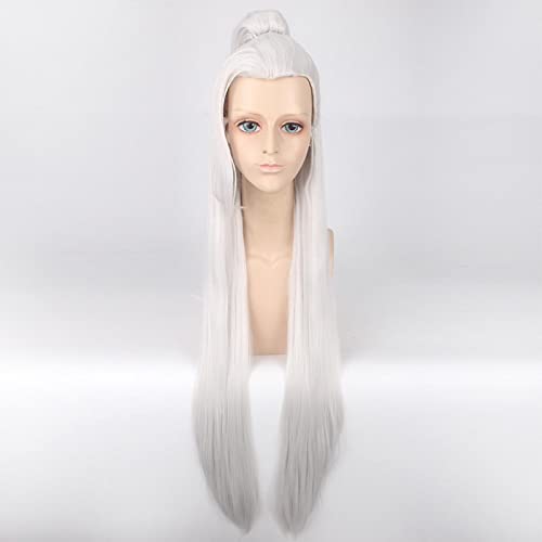 110cm Eternal Love Straight Long White Cosplay Wig With One Claw Ponytail Synthetic Hair Halloween Costume Wigs For Men Women von RUIRUICOS