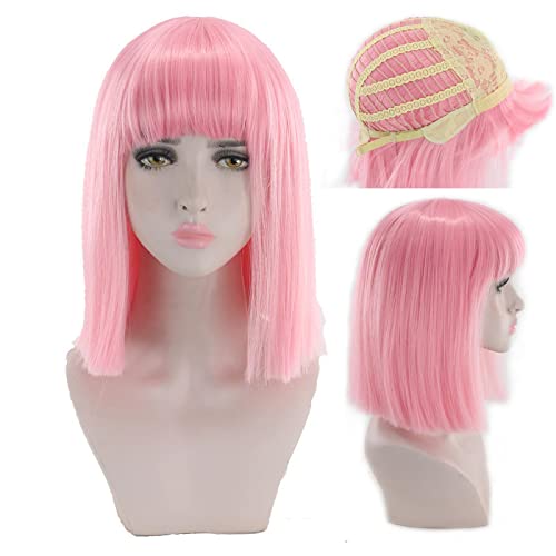 14inch Straight Black White Pink Red Blue Short Bob Wigs For Women Synthetic Hair Anime Cosplay Party Wig With Bangs 8 Colors OneSize Pink von RUIRUICOS