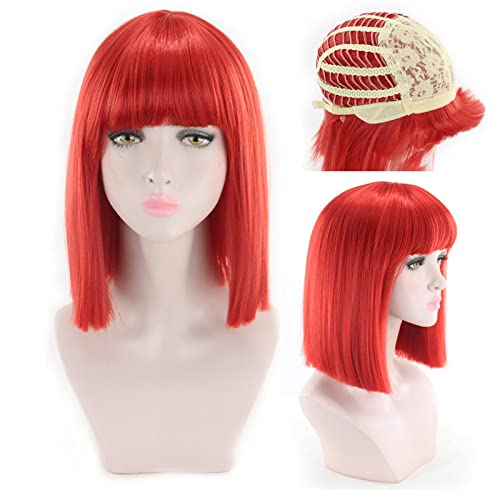 14inch Straight Black White Pink Red Blue Short Bob Wigs For Women Synthetic Hair Anime Cosplay Party Wig With Bangs 8 Colors OneSize Red von RUIRUICOS